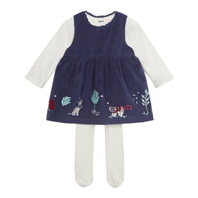 Mantaray Baby girls' navy stitched woodland scene dress, cream top and tights set